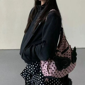 Qfdian Korean All Match Streetwear Wings Women's Handbags Vintage Dots Grunge Backpacks Casual Y2k Aesthetic Shoulder Crossbody Bags